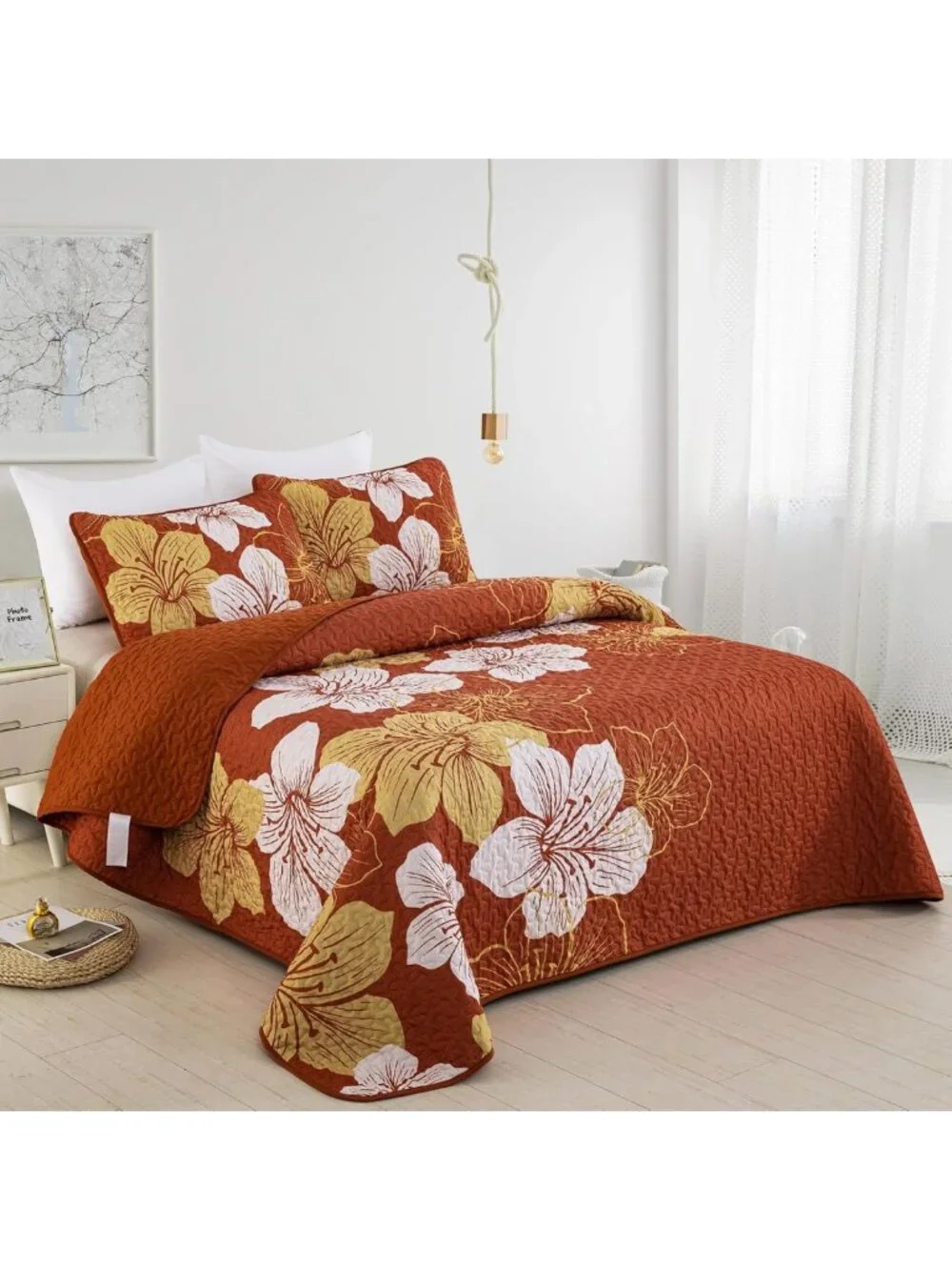 California King Floral Quilt Bedding Set - 3 Piece Fall Bedspread for Cozy Decor